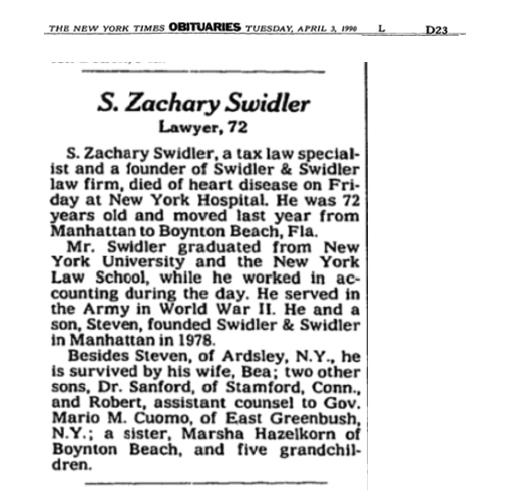 NY Times Obituary for Zachary Swidler, 1990